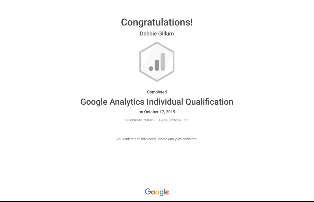 Debbie Gillum Google Analytics Individual Qualification certificate